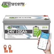 24V 100AH LiFePO4 Lithium Battery Bluetooth,for RV,Solar,Trolling Motor,Marine,off Grid,Boat,TCBWORTH 15000+Deep Cycles,100A BMS