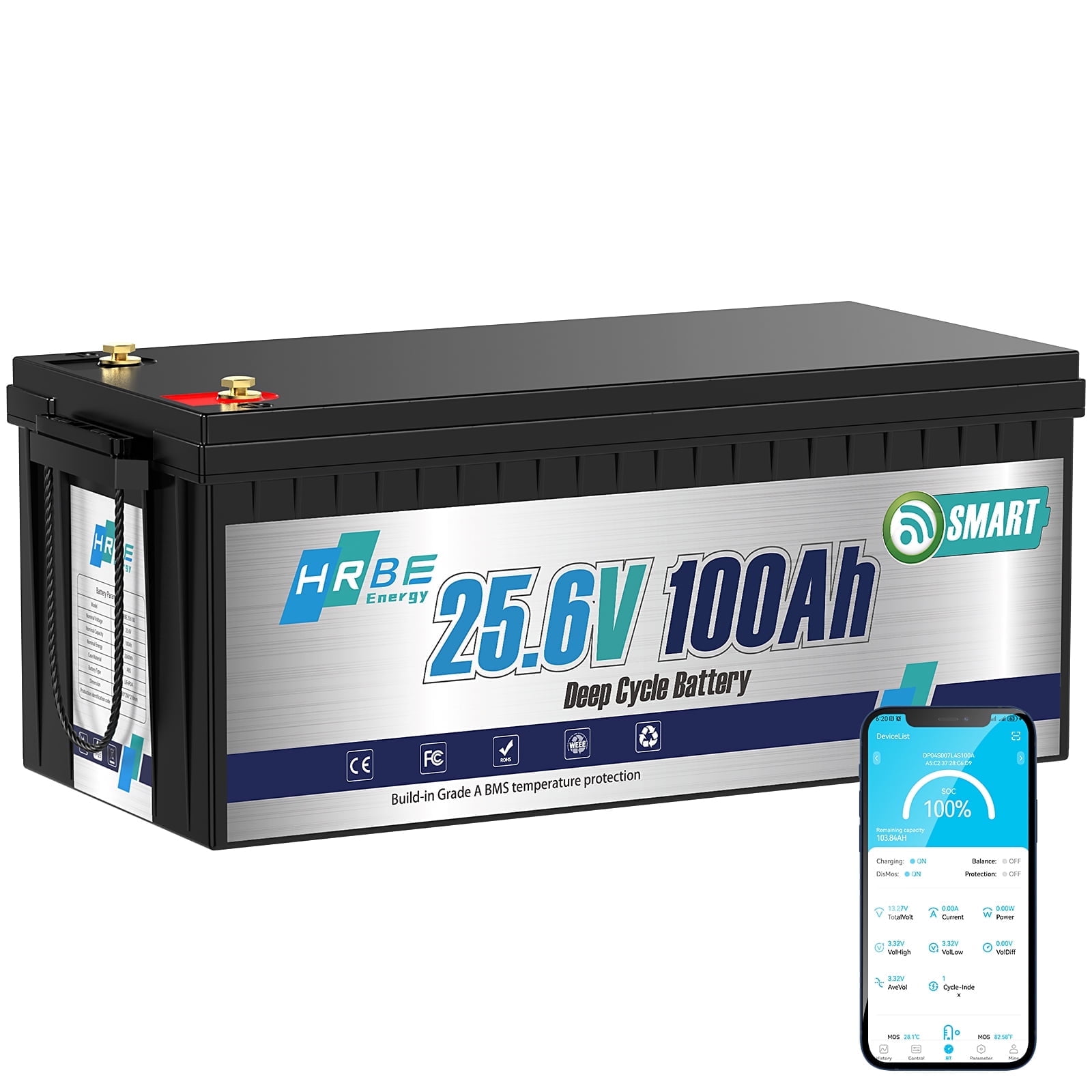 24V 100AH LiFePO4 Battery Bluetooth,Smart 100A BMS HRBEENERGY Deep Cycles Lithium RV Batteries for Solar Marine Camper Trolling Motor