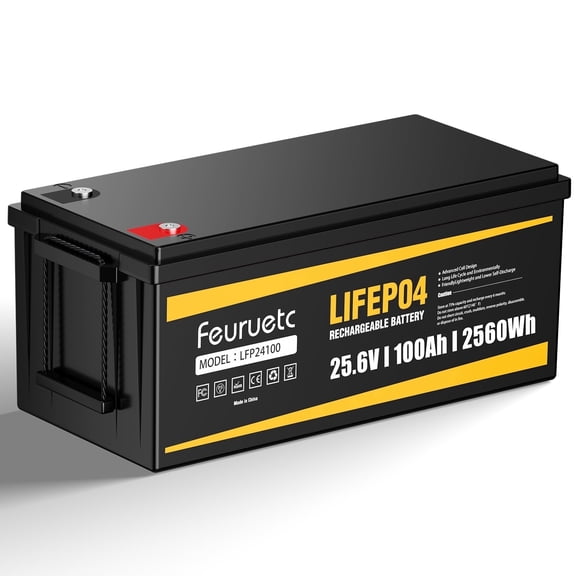 24V 100Ah LiFePO4 Lithium Battery, 15000+ Deep Cycles, Lightweight Maintenance-Free for Solar RV Marine Off-Grid Backup Power
