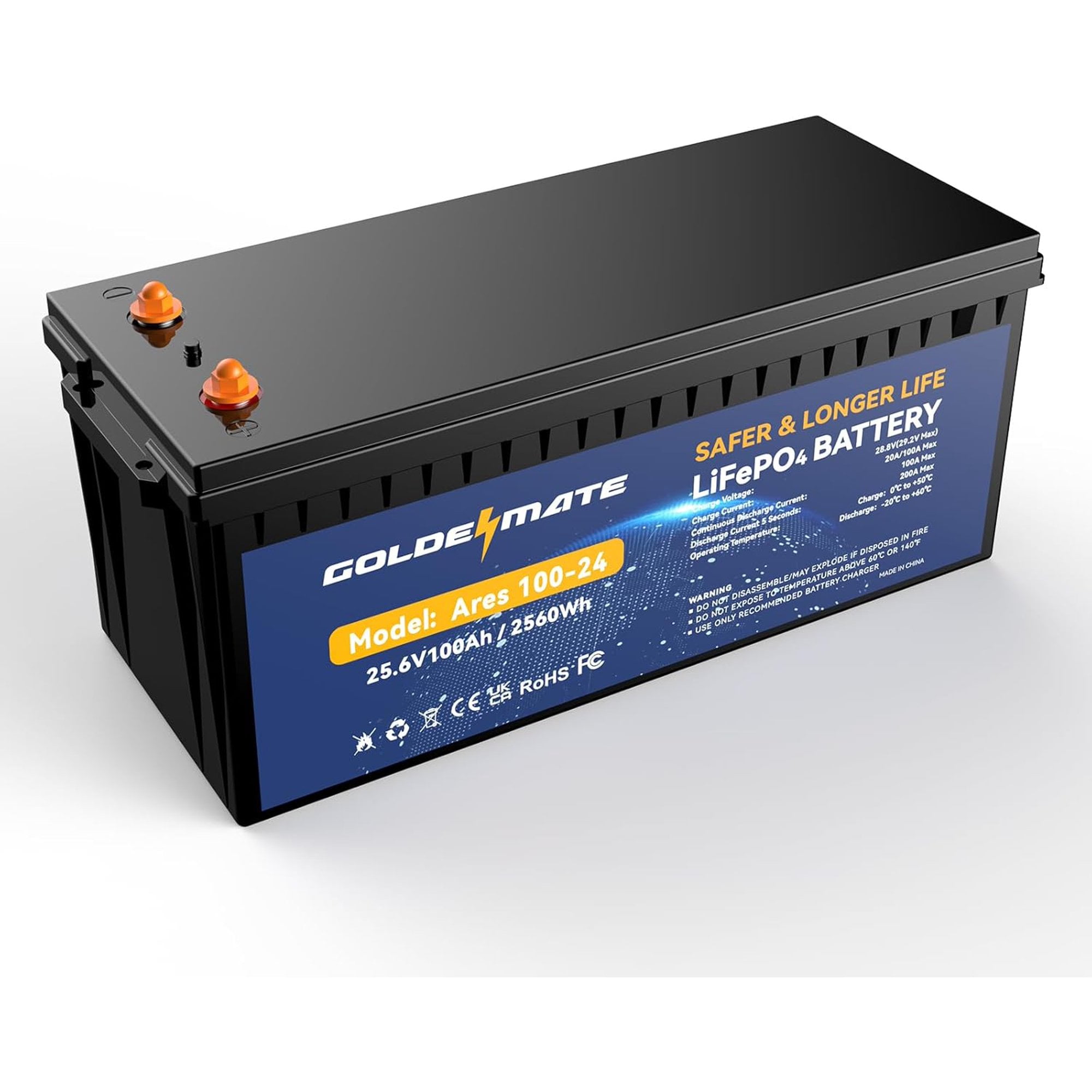 24V 100Ah LiFePO4 Lithium Battery, 100A BMS, 5000+ Deep Cycles, GOLDENMATE Battery for RV, Solar, Marine, Trolling Motor, Golf Carts, Backup Power