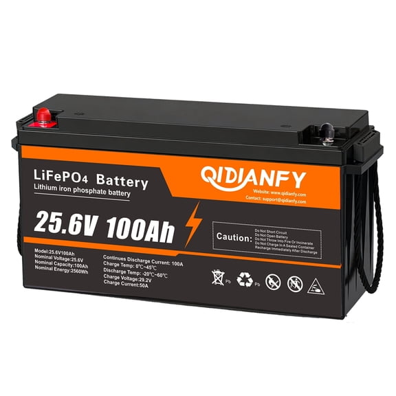 24V 100Ah LiFePO4 Lithium Battery, Built-in 100A BMS, 2560W Power Output, 25.6V High Energy Density, Ideal for Marine, Solar, Off-Grid and Home Backup