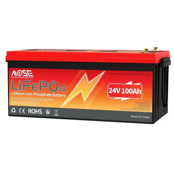 24V 100Ah LiFePO4 Lithium Battery Bluetooth,MOSEWORTH for RV,Solar,Marine,Trolling Motor,Motorhome,Backup Power,Smart 100A BMS,15000+Deep Cycles