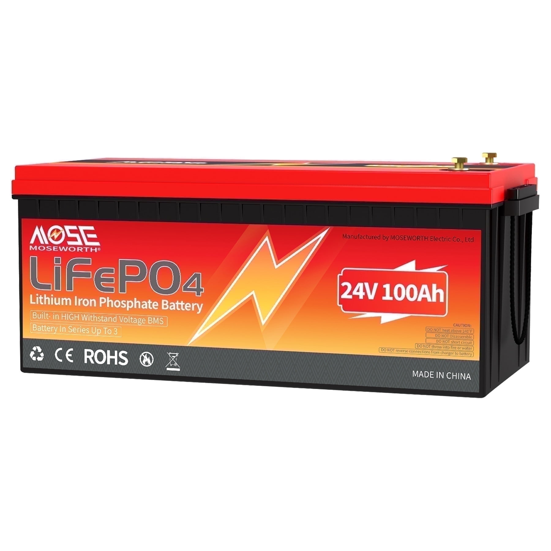 24V 100Ah Lithium Lifepo4 Battery,100A BMS,MOSEWORTH for RV,Solar,Marine,Trolling Motor,Backup Power,15000+ Deep Cycles