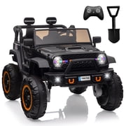 24V 2-Seater Electric Ride-On Truck for Kids   4-Wheel Motorized Car with Remote Control, LED Lights, Music, Shovel, USB, Battery Powered Toy for Boys & Girls Ages 3-8, 20" Wide Seat   Black