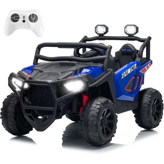 24V 2-Seater Electric Ride-On UTV with 2.4GHz Remote Control, 3 Speeds Up to 6 mph, Soft Start, 4-Wheel Spring Suspension, LED Lights, Bluetooth Music, 120 lb Capacity,Blue