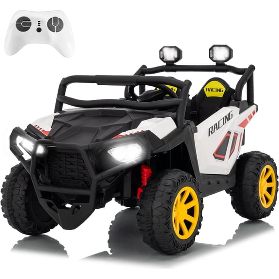 24V 2-Seater Electric Ride-On UTV with 2.4GHz Remote Control, 3 Speeds Up to 6 mph, Soft Start, 4-Wheel Spring Suspension, LED Lights, Bluetooth Music, 120 lb Capacity,White