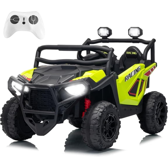 24V 2-Seater Electric Ride-On UTV with 2.4GHz Remote Control, 3 Speeds Up to 6 mph, Soft Start, 4-Wheel Spring Suspension, LED Lights, Bluetooth Music, 120 lb Capacity,Fluorescent green