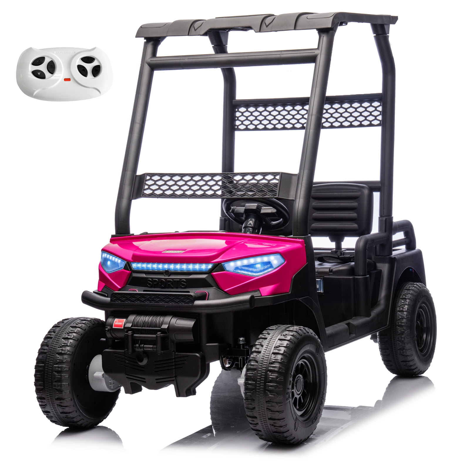 24V 2 Seater Kids Ride on Car, 4WD Golf Cart with Parent Remote Control, 4x4 Motors Ride on Truck with Roof, Toddler Electric Vehicle with Storage Box, Foot Pedal, Music Player, Lights, Rose Pink