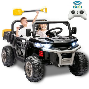 24V 2 Seater Kids Ride on Car Truck, Ride On UTV with 2x200W Motor Ride On Dump Truck, Ride On Car with Dump Bed/Shovel, Electric Vehicle with Non-slip tyre, LED Light, Music, Remote Control, Black
