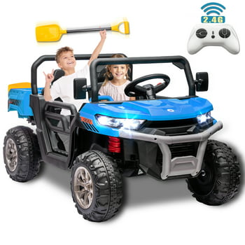24V 2 Seater Kids Ride on Car Truck, Ride On UTV with 2x200W Motor Ride On Dump Truck, Ride On Car with Dump Bed/Shovel, Electric Vehicle with Non-slip tyre, LED Light, Music, Remote Control, Blue