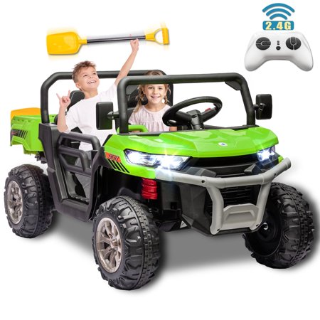 24V 2 Seater Kids Ride on Car Truck, Ride On UTV with 2x200W Motor Ride On Dump Truck, Ride On Car with Dump Bed/Shovel, Electric Vehicle with Non-slip tyre, LED Light, Music, Remote Control, Green