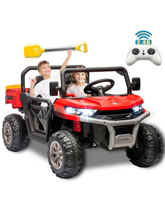 24V 2 Seater Kids Ride on Car Truck, Ride on UTV with 2x200W Motor Ride on Dump Truck, Ride on Car with Dump Bed/Shovel, Electric Vehicle with Non-Slip Tyre, LED Light, Music, Remote Control, Red