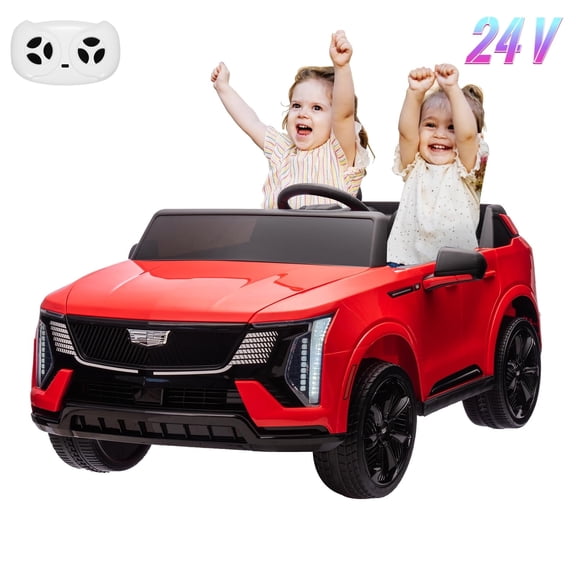 24V 2-Seater Kids Ride-On Car, Licensed Cadillac Battery Powered Electric Truck with Remote Control, Dual Motors, Spring Suspension, LED Lights, Music, Ride-On Toy for Toddlers Boys Girls, Red