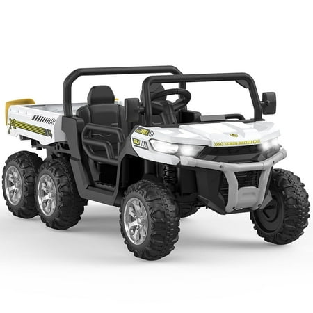 24V 2 Seater Kids Ride On UTV Dump Truck, 6-Wheel Electric Ride On Car with Tipping Trailer, Remote Control, Bluetooth Music, LED Lights, Shovel, and Durable Tires for Big Kids