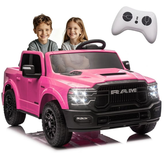 Xuanlur 24V 160W Licensed Dodge RAM 2500 Ride on Toy for Big Kids, 2 Seater Ride On Car with Remote Controll, Ride on Truck w/4-Wheel Suspension, Storage, Dual-Speed Modes, Soft Start & Stop (Pink)