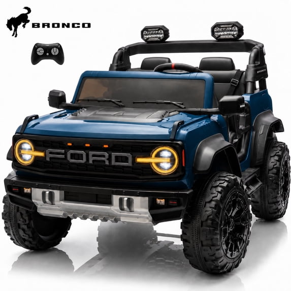 Conchico 24V Ford Bronco Raptor Powered Ride on Toy with Remote Control, 2 Seater Electric Ride on Car for Kids w/ 4 Wheels Suspension, Bluetooth, LED Headlights, Blue