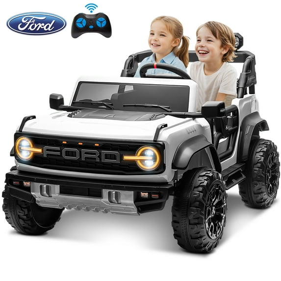 Ford Bronco 24V Ride on Car Toys with Remote Control, 2 Seater Electric Car for Kids with Bluetooth, FM Radio, LED Light, Battery Powered Vehicles for Toddler Boys Girls 3-6 Years, White