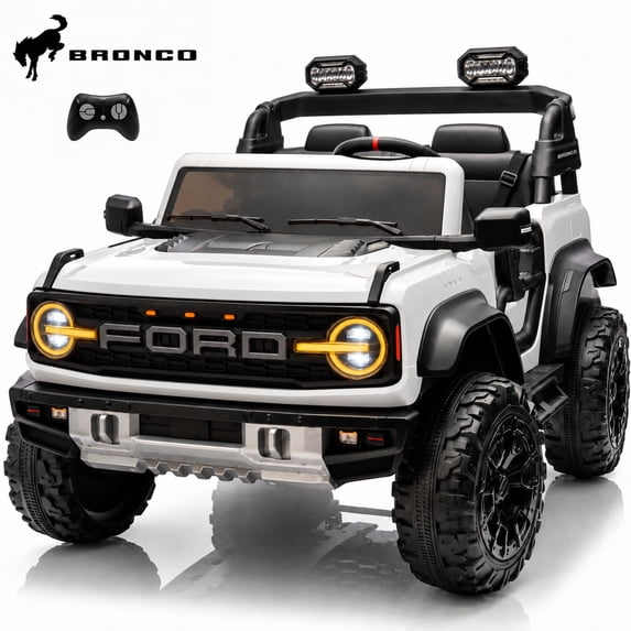 Conchico 24V Ford Bronco Raptor Powered Ride on Toy with Remote Control, 2 Seater Electric Ride on Car for Kids w/ 4 Wheels Suspension, Bluetooth, LED Headlights, White