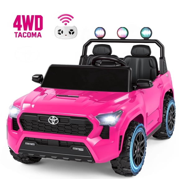 24V Ride On Car for Kids, 4WD Licensed Toyota Tacoma Battery Powered Ride On Toy with Remote Control, 2 Seater Power Truck Wheels, Colorful Lights, Music, Electric Car for Boys Girls 3–8, Pink