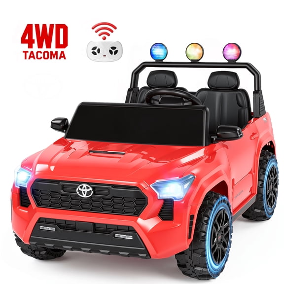 24V Ride On Car for Kids, 4WD Licensed Toyota Tacoma Battery Powered Ride On Toy with Remote Control, 2 Seater Power Truck Wheels, Colorful Lights, Music, Electric Car for Boys Girls 3–8, Red