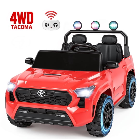 24V Ride On Car for Kids, 4WD Licensed Toyota Tacoma Battery Powered Ride On Toy with Remote Control, 2 Seater Power Truck Wheels, Colorful Lights, Music, Electric Car for Boys Girls 3–8, Red