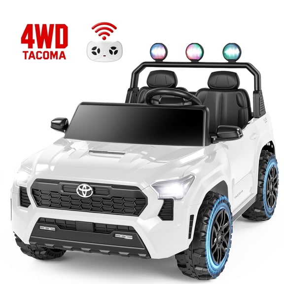 24V Ride On Car for Kids, 4WD Licensed Toyota Tacoma Battery Powered Ride On Toy with Remote Control, 2 Seater Power Truck Wheels, Colorful Lights, Music, Electric Car for Boys Girls 3–8, White