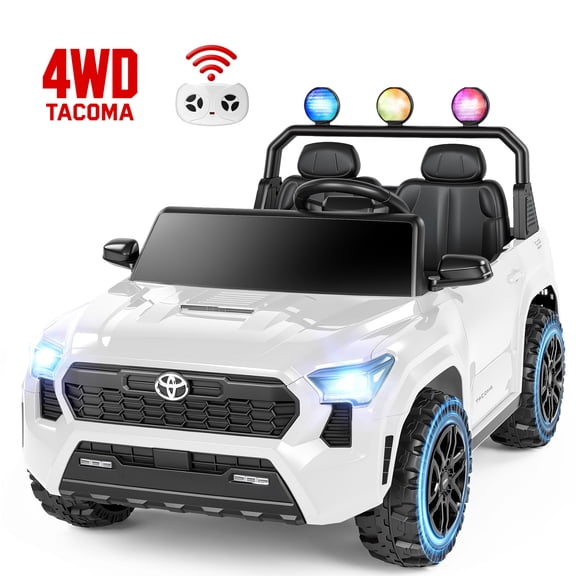 24V Ride On Car for Kids, 4WD Licensed Toyota Tacoma Battery Powered Ride On Toy with Remote Control, 2 Seater Power Truck Wheels, Colorful Lights, Music, Electric Car for Boys Girls 3–8, White