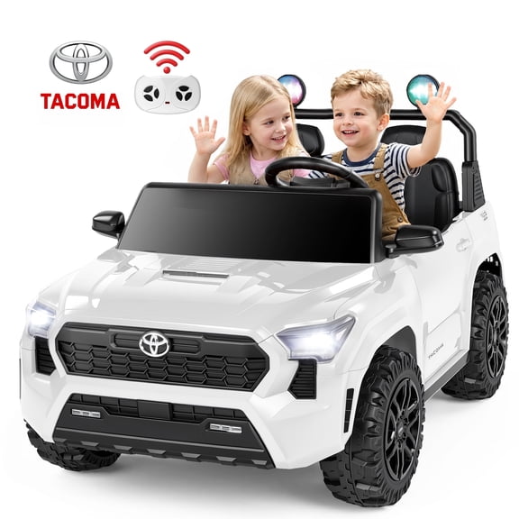 24V Ride On Car for Kids, Licensed Toyota Tacoma 2 Seater Battery Powered Ride On Truck Toy with Remote Control, 4 Wheel Suspension, Colorful Lights, Music, Electric Car for Boys Girls 3–8, White