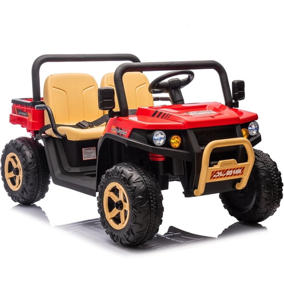 24V 2 Seater Ride On Dump Truck, 4WD Electric UTV with Remote Control, Electric Dump Bed, Shovel, Bluetooth, Music, Headlights, 5 MPH Max Speed, 77 Lbs Capacity