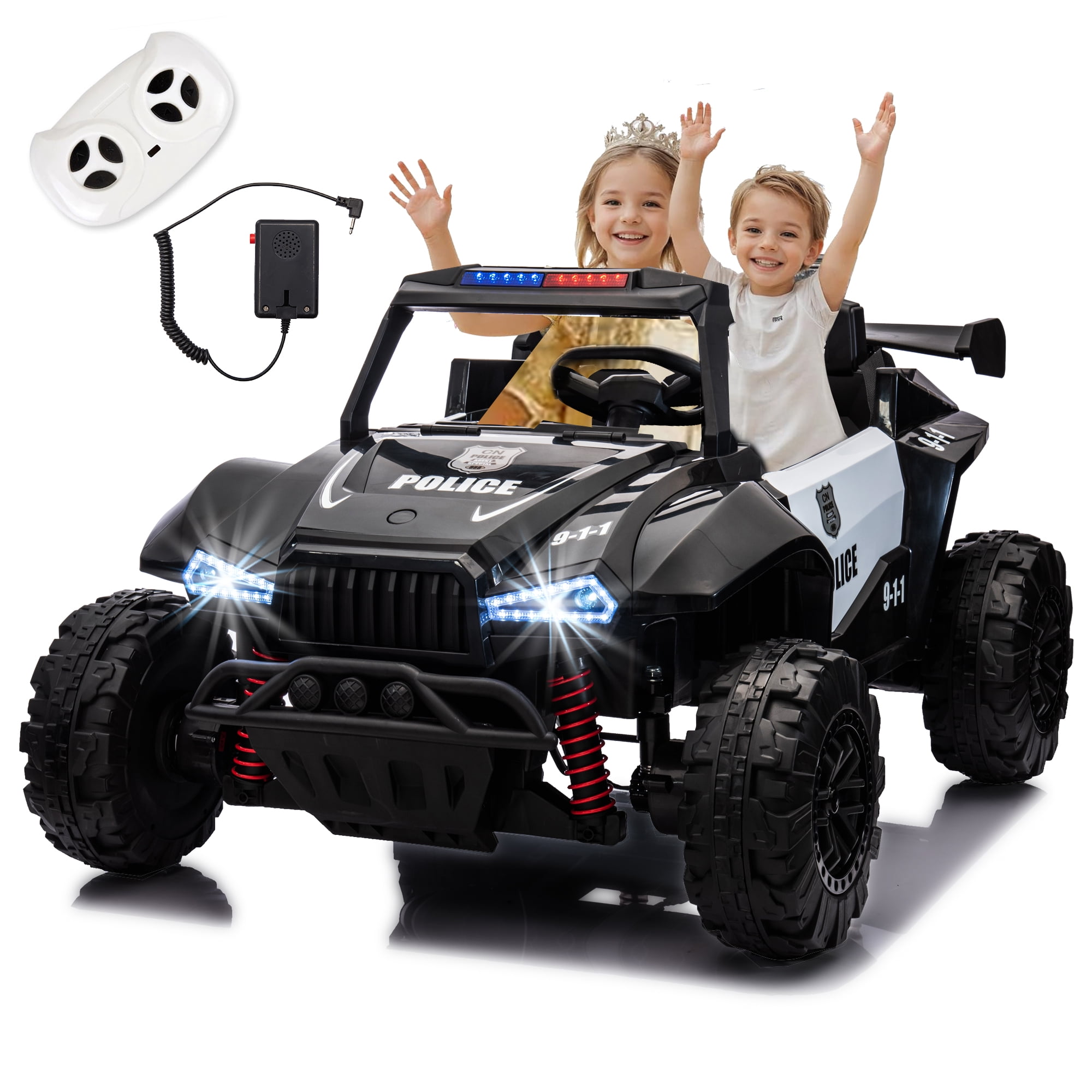 24V 2 Seater Ride on Toys for Girls&Boys, Electric Car w/20.47" Wide Seat, 6.21 MPH Max, 24V Ride On Police Car w/a Megaphone, Spring Suspension, Bluetooth,Power Car Wheels for Big Kids(Black+White)