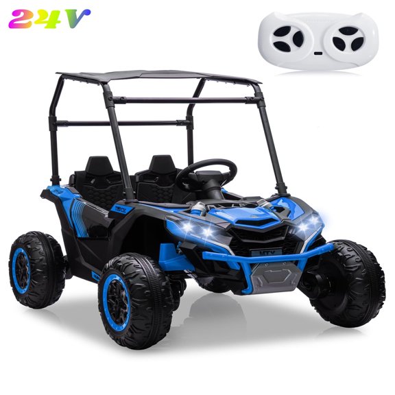 24V 2 Seater Ride On UTV Truck for Kids with Remote Control, 4x4 Electric Car with LED Lights, Bluetooth, Music, Suspension & Sunshade, Battery Powered Ride On Toy for Boys Girls, Blue