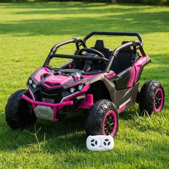 24V 2-Seater Ride On UTV for teens. Remote Control. 4x200W Motors. Bluetooth Music. LED Lights. 3 Speeds. . Safety Belt. All-Terrain Electric Vehicle,Rose Red