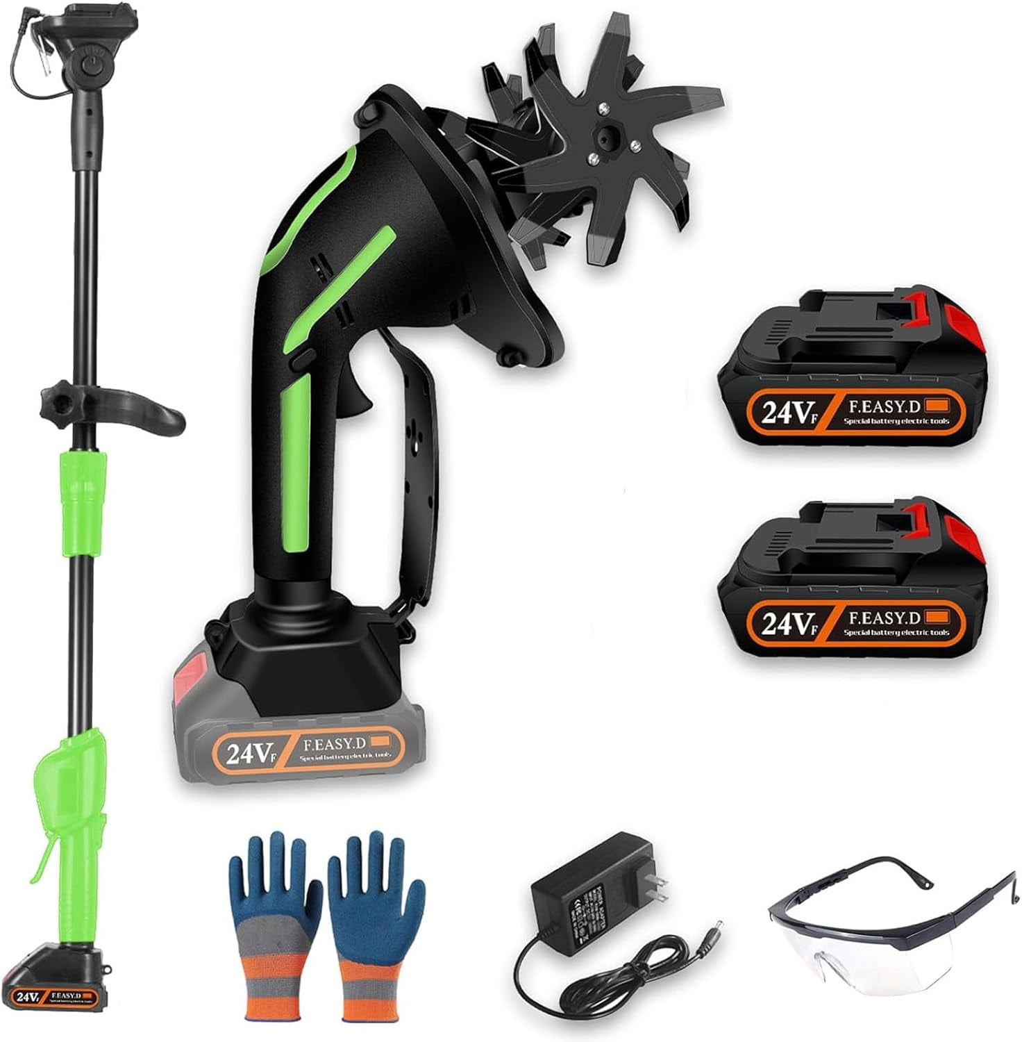 24V 2-in-1 Cordless Tiller & Cultivator with Extension Pole, 2×4.0Ah Batteries Electric Garden Rototiller, Handheld Soil Cultivator for Weeding Trenching Lawn Care (2 * 24V+Rod)