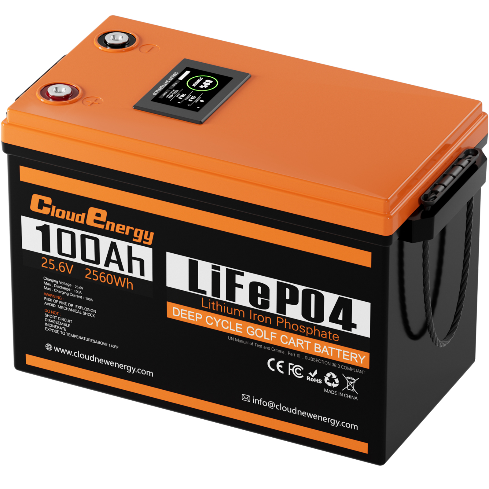 Cloudenergy 24V(25.6V) 100Ah LiFePO4 lithium battery, 2560Wh, 100A Bluetooth BMS with touchscreen. Cycle count 6000+, suitable for motorhomes, boats and camping. (CL24V-100AH)