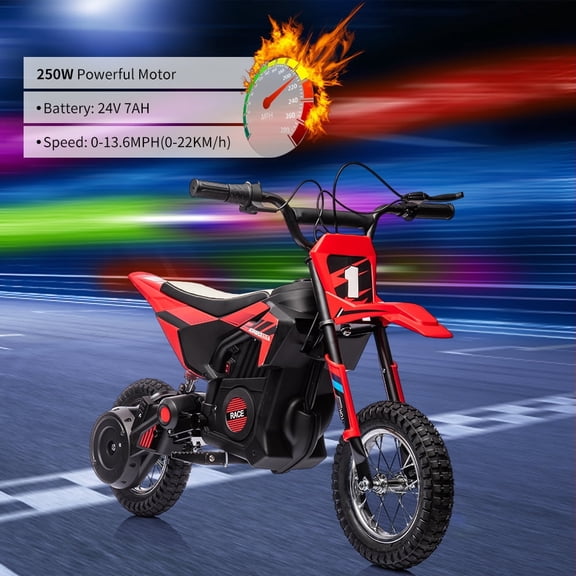 24V 250W Kids Electric Off-Road Dirt Bike - 13.6MPH, Leather Seat, Air-Filled Tires, Disc Brake, Metal Suspension, Twist Grip, Ride-On for Ages 8-13, Red