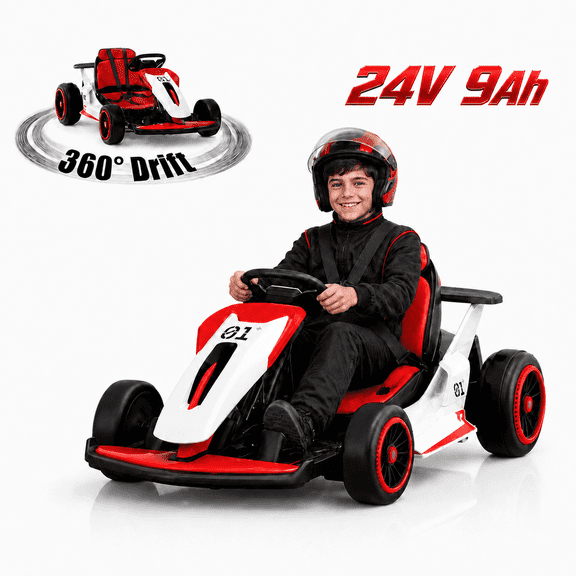 24V 2x150W Electric Drift Go Kart Ride On Toy, 9AH Battery, 5‑7.5mph, EVA Front Tires, 5‑Point Safety Harness, Bluetooth Music, 110lbs Max Load, Brake & Gas Pedal, for Ages 6 
