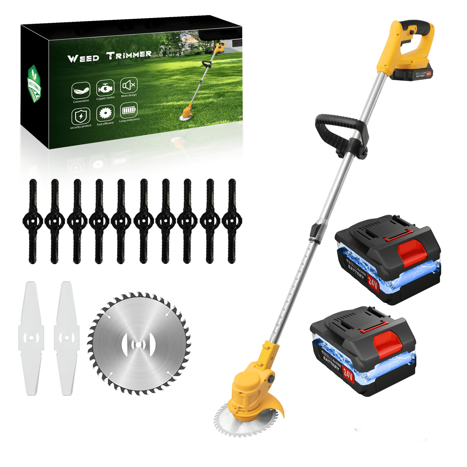 Also go 24V 3-in-1 Cordless Weed Wacker,11,000RPM, Electric String Trimmer with 2*2.0Ah Batteries,Adjustable Cutting Angle & Height for Lawn,Yellow