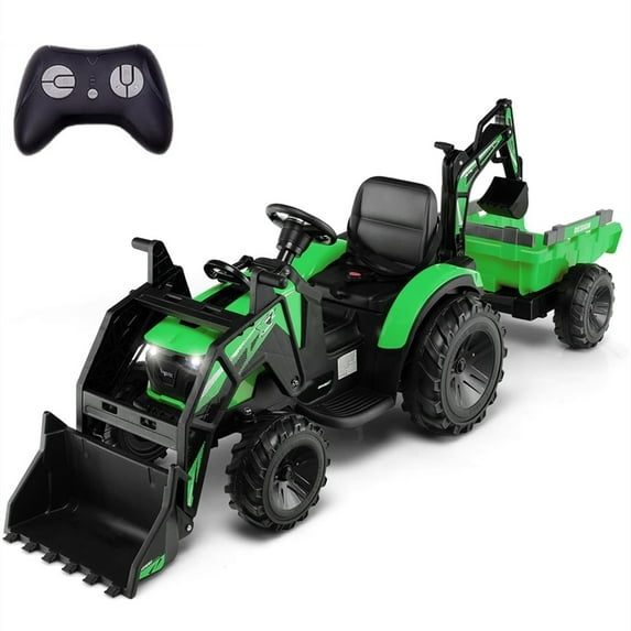 24V 3-in-1 Ride on Tractor Car, Excavator & Bulldozer with Remote Control, Ride-On Car Toys with 3 Speed, LED Lights, Music