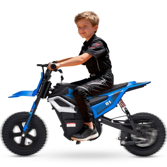 24V 350W Kids Electric Dirt Bike - 13.7 MPH, 12 Mile Range, Rear Suspension, Fat Tire Off-Road Motorcycle - Twist Throttle, Music & wireless, Ride-On Toy for Ages 8-14, 130 lb Capacity, Blue