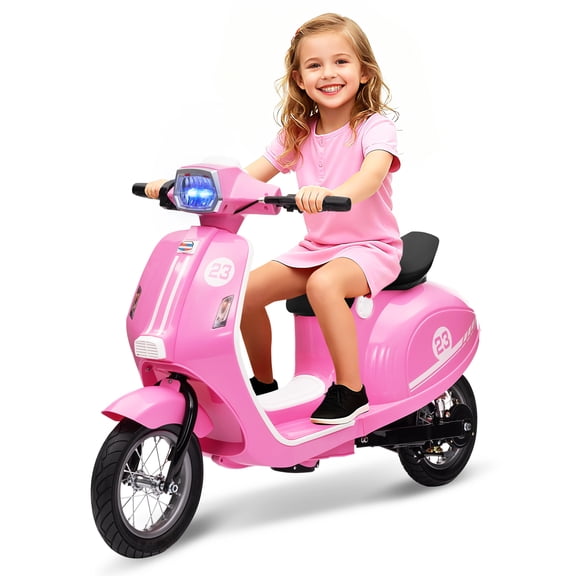 24V 350W Kids Electric Motorcycle – Ride-On Moped Scooter with Seat for Ages 8-14 – 14MPH, LED Lights, Rear Brake, Waterproof, Twist Throttle – Pink