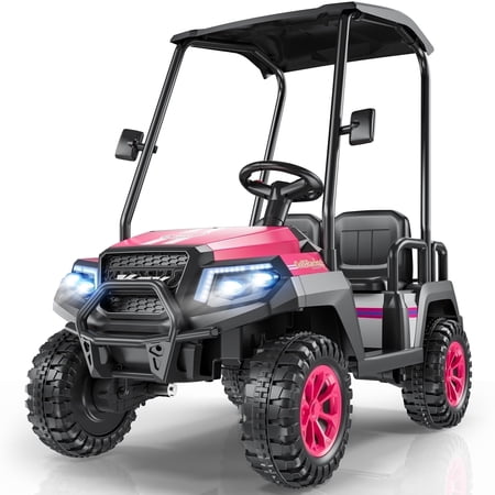24V 4-Seater Kids Electric Golf Cart, 4WD Ride-On Car with Remote, Awning, Suspension & Music Features