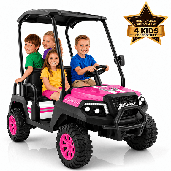 24V 4-Seater Kids Electric Golf Cart, 4WD Ride-On Car with Remote Control,Bluetooth Music& Detachable Canopy, Pink