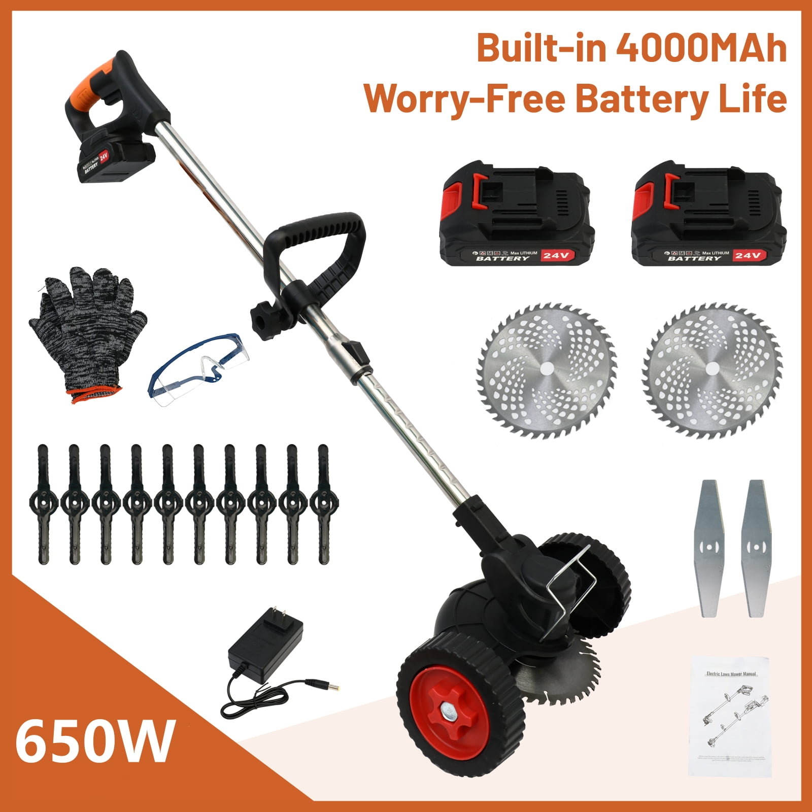 24V 4000mAh Battery Powered Weed Wacker Cordless Electric Weed Eater 650W Grass Trimmer Brush Cutter with Wheels Battery Operated Weed Trimmer Grass Cutting Machine, Black