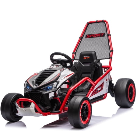 Conchico 24V 400W Electric Go Kart for Kids Ages 6-12, Drift Car with Protective Roll Cage, 5-Point Safety Harness, Bluetooth Music Ride on Toy for Outdoor, Red