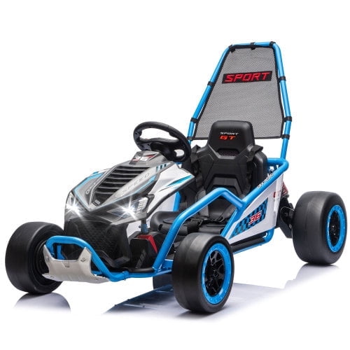 24V 400W Electric Go Kart for Kids Ages 6-12, Ride On Drift Car with Protective Roll Cage, EVA Front Tires, Rear Suspension, 5-Point Safety Harness, Music, Bluetooth and LED Lights, Blue