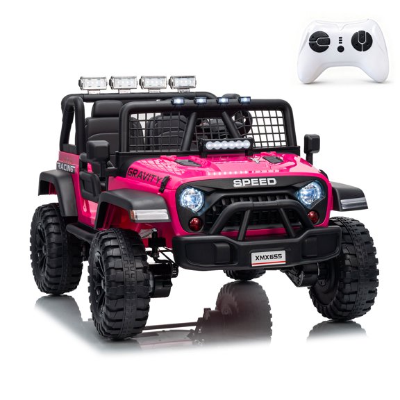 24V 4WD 2-Seater Kids Electric Ride On Truck with Parent Remote Control, 100Min Ride-on Car with 2 Speed, Spring Shock Absorber, LED Headlights, Electric Vehicle for Backyard Outdoor Kids Gift