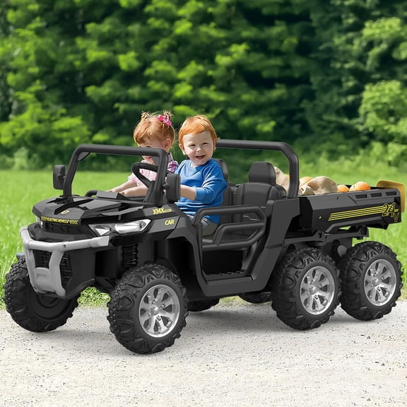 24V 4WD Electric Ride-On Dump Truck for , 2-Seater UTV with Remote Control, Bluetooth Music, Seatbelts, LED Lights, Mobile Phone Connectivity, Double Seat 6 Wheel Truck for Ages 3-8,Black