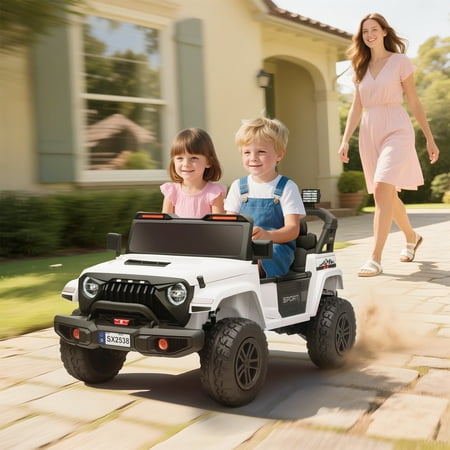 24V 4WD Extendable Electric Ride-On Truck for Two, White PP/Metal, 43.9"-49.8" L, Dual Control, Soft Start, Lights & Music, All-Terrain Outdoor Fun