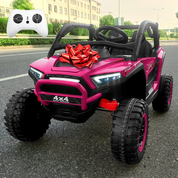 24V 4WD Ride on UTV Toys for Kids w/Parent Remote Control, 2 Seater 7AH Kids Battery Powered Vehicles, Bluetooth Spring Suspension, Storage for Gift,Pink