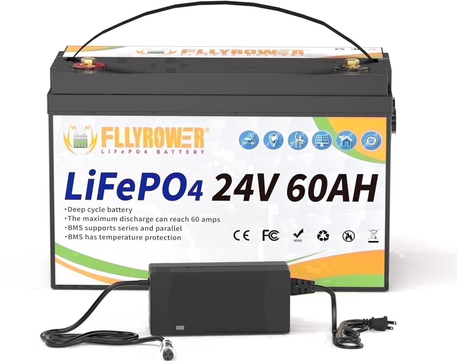24V 60Ah LiFePO4 Battery with Charger,Lithium Batteries for RV